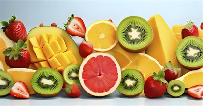 Colorful and artfully arranged slices of fruits like mangoes, strawberries, and kiwi, AI generated