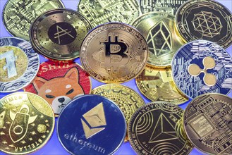 Various cryptocurrencies, symbol coins, optical placeholder for the digital currency, blockchain,