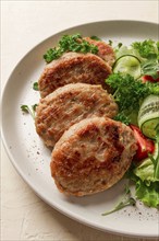 Fried cutlets, turkey, with vegetable salad, top view, no people