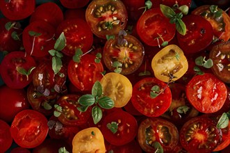 Colored, yellow, red, black, sliced cherry tomatoes, with basil, close-up, top view, no people,