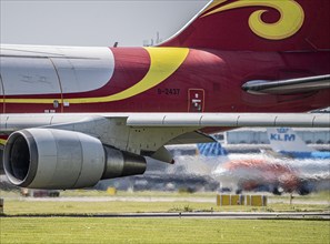 Exhaust jet of one of the 4 engines of a Suparna Airlines Cargo Boeing 747, aircraft at Amsterdam