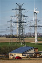 Line route, 380 KV extra-high-voltage line, wind turbine, solar roof of a company, energy mix, near