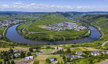 Aerial view of a village, surrounded by a river in the middle of vineyards and fields on a wide