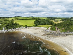 Cliffs over Mothecombe Beach and Red Cove from a drone, River Emme, Mothecombe, Plymouth, South