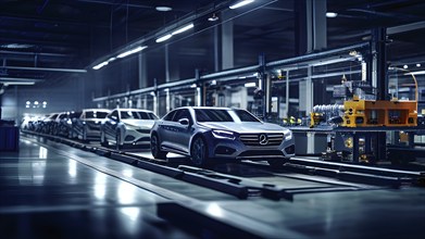 AI generated automotive assembly line in car manufacturing progression with automated machines