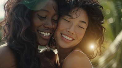 Interracial lesbian LGBTQ couple with long hair and smiling. Concept of inclusivity, AI generated