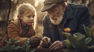 Elderly grandfather planting some spring plants with his granddaughter in the garden, generative