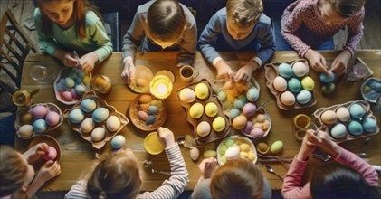 Several children decorating easter eggs at the table together, generative AI, AI generated