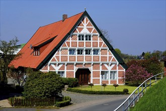 Europe, Germany, Lower Saxony, Altes Land near Hamburg, Steinkirchen an der Lühe, old half-timbered