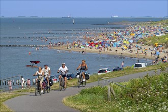 Cyclists and tourists swimming and sunbathing on beach along the Westerschelde at Breskens on a hot