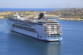 MSC cruise ship in Grand Harbour arriving in Valletta, Malta, Europe