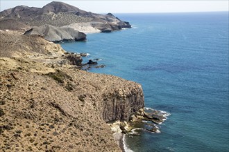 Coastal landscape Cabo de Gata natural park, looking east towards San Jose, Almeria, Spain, Europe