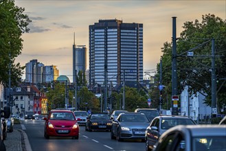 Skyline of Essen city centre, town hall, RWE Tower, dome of the old synagogue, Schützenbahn street,