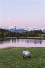 Hegratsrieder See near Füssen, Allgäu Alps, snow, moon, dawn, Allgäu, Bavaria, Germany, Europe