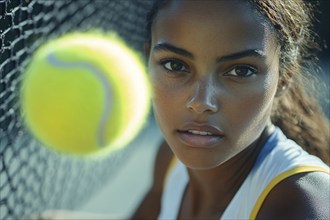 Close up of woman's face with tennis ball. Generative Ai, AI generated