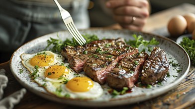 Man eating A plate filled with steak and eggs. generative AI, AI generated