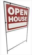 Right facing open house real estate yard sign isolated on a white background