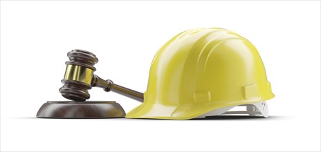 Yellow hard hat and gavel isolated on a white background