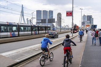 Cyclist on the cycle path of the Erasmus Bridge over the Nieuwe Maas, skyline of the skyscrapers on