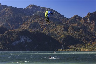 Kite surfer on a lake in front of mountains, sunny, autumn, Lake Kochel, Kochel, Bavaria, Germany,