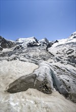 High alpine glaciated mountain landscape, La Jonction, Glacier des Bossons meets Glacier de