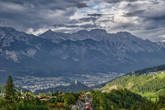 View of Innsbruck and the mountains of the Innsbruck Nordkette, Alpine landscape, Innsbruck, Tyrol,