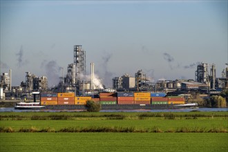 Cargo ship on the Rhine near Emmerich, Kao Chemicals backdrop, specialising in surfactants, KLK,