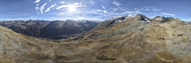 High plateau of the Gurgler Seenplatte, Alpine panorama, aerial view, mountains in Ötztal, Ötztal