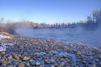 Sunrise on the Isar, Isar floodplains in winter, near Arzbach, Lenggries, Upper Bavaria, Bavaria,