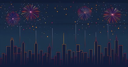 Minimalist, geometric skyline at night, with subtle fireworks in the sky, represented by colorful