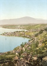 Montreux and Clarens, Geneve Lake, Switzerland, Historic, digitally restored reproduction from a