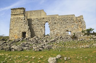 Remains of theatre stage background wall, Acinipo Roman town site Ronda la Vieja, Cadiz province,