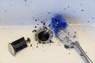 Cleaning a sink, hand basin, bathroom, with the help of a longer brush, the dirt, deposits, mould