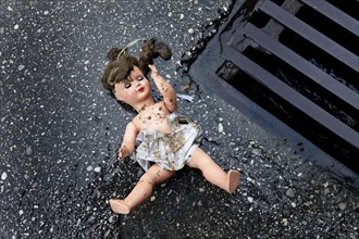 Doll as a symbol of maltreatment and abuse of children, Vienna, Austria, Europe