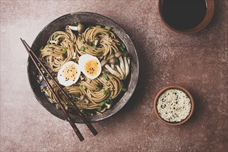 Buckwheat noodles, soba, with shimeji mushrooms, boiled egg, green onion, homemade, no people