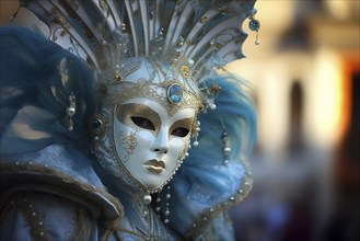 A person adorned in an elaborate and elegant costume, capturing the essence of the Venice Carnival