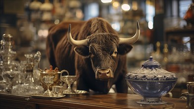 Very large bull with horns in a China shop filled with glassware. generative AI, AI generated