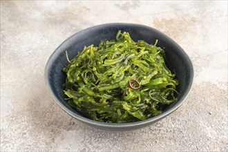 Chuka seaweed salad in blue ceramic bowl on brown concrete background. Side view, close up