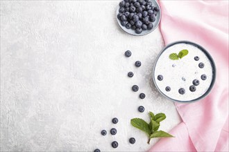 Yogurt with blueberry in ceramic bowl on gray concrete background and pink linen textile. top view,