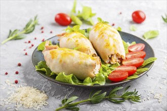 Stuffed baked squid with greens on a blue ceramic plate on a gray concrete background, side view,