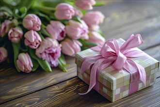 Gift Box with Pink Ribbon Beside bouquet of Fresh Tulips. Background for Valentine day, March 8,