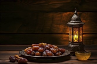 Ramadan lantern with a plate of succulent figs on dark background, set on an ornate table with