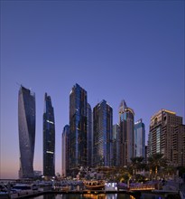 Marina, Skyline, Cayan Tower, DAMAC Heights, Logo, Dubai Marina, twilight, blue hour, Dubai, United