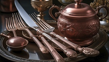 Metal, copper, cutlery and crockery made of copper