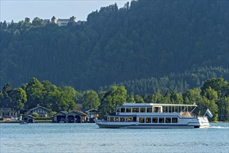 Passenger ship Tegernsee on the Tegernsee, boat trip, above Ringberg Castle, heritage-protected