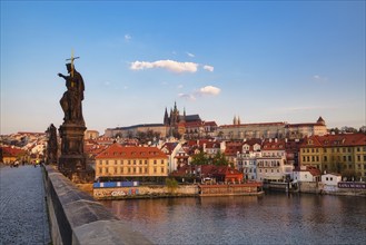 View over the Vltava River to Hradcany Hill, Charles Bridge, Prague, Czech Republic, Europe