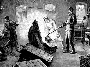 Metalworking, Men casting bronze, Illustration from 1880, Germany, Historical, digital reproduction