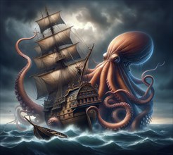 Mythology, mythical creatures, a sea monster, a giant octopus, threatens a sailing ship at sea, AI