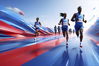 Marathon 2024 olympic runners in abstract dynamic shapes french tricolor blue white red, AI