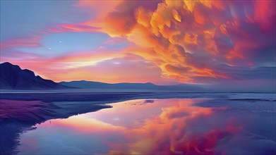 AI generated painting of a surreal landscape with mountains and a lake with digital brush strokes